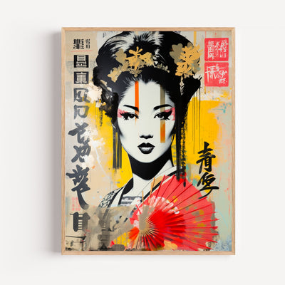 Geisha street art poster wall art – bold coral, mint, yellow, black