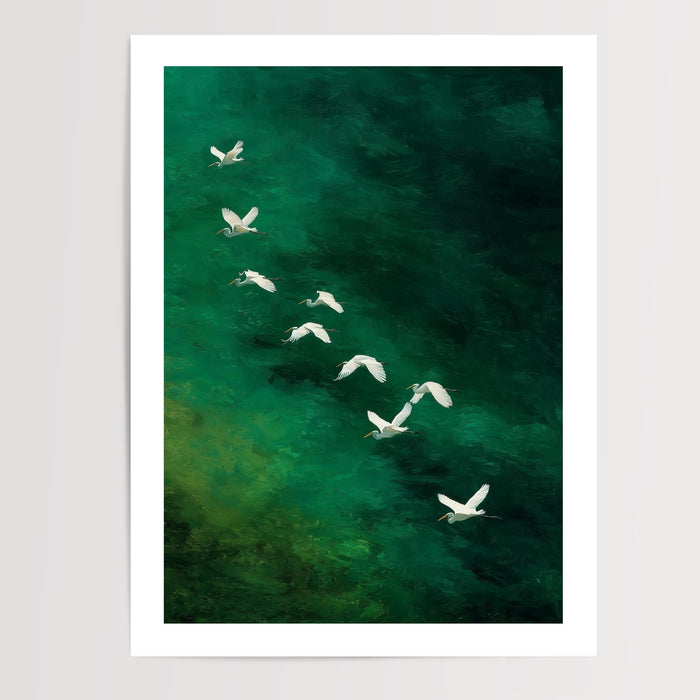Poster Hérons blancs - Envol paisible sur une eau émeraude — Vierge - poster-presentation-produit — passe-partout blanc