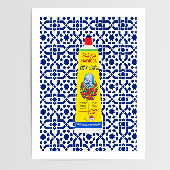 Poster Harissa - Pop méditerranéen sur carreaux bleus — Vierge - poster-presentation-produit — passe-partout blanc