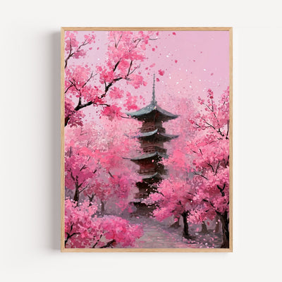 Japanese Pagoda under Sakura – Pink Cherry Blossoms Wall Art