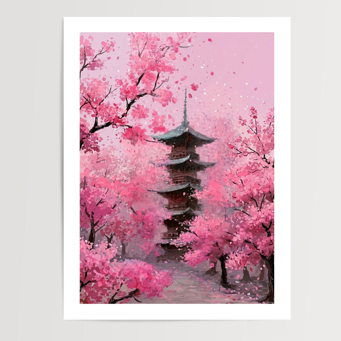 Poster Japon pagode et cerisiers - Douceur rose d'un printemps sans fin — Vierge - poster-presentation-produit — passe-partout blanc