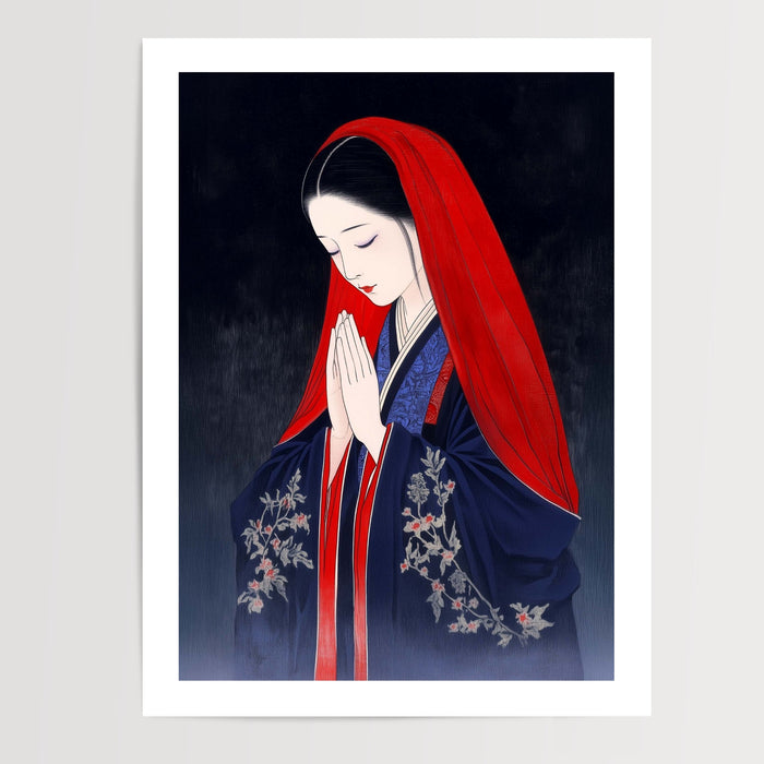 Poster Japon zen - Femme en prière aux couleurs d'estampe — Vierge - poster-presentation-produit — passe-partout blanc