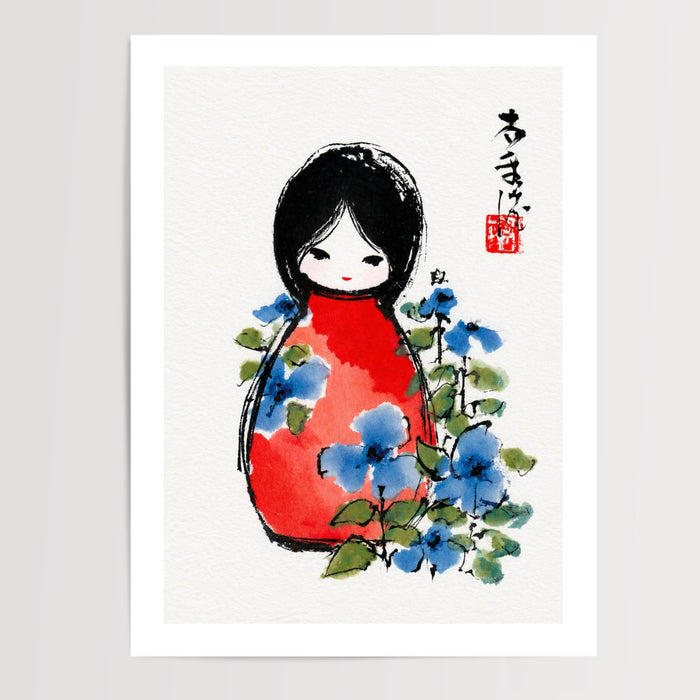 Poster japonais Fillette en kimono rouge - Grâce paisible et fleurs bleues — Vierge - poster-presentation-produit — passe-partout blanc