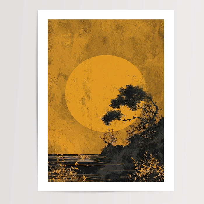Poster japonais pin et soleil doré - Sérénité zen au crépuscule — Vierge - poster-presentation-produit — passe-partout blanc
