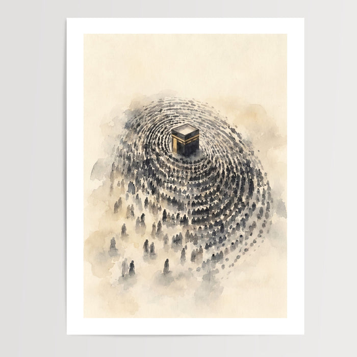 Poster Kaaba à La Mecque - Le Tawaf en aquarelle dorée — Vierge - poster-presentation-produit — passe-partout blanc