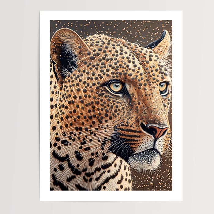 Poster Léopard pointilliste - La savane en mille touches dorées — Vierge - poster-presentation-produit — passe-partout blanc