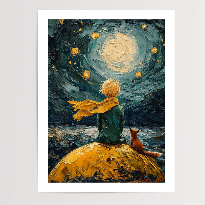 Poster Le Petit Prince - Rêverie sous un ciel d'étoiles — Vierge - poster-presentation-produit — passe-partout blanc