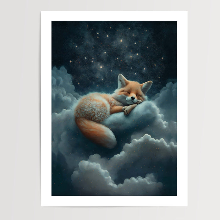 Poster Le Petit Prince - Renard endormi sous un ciel étoilé — Vierge - poster-presentation-produit — passe-partout blanc