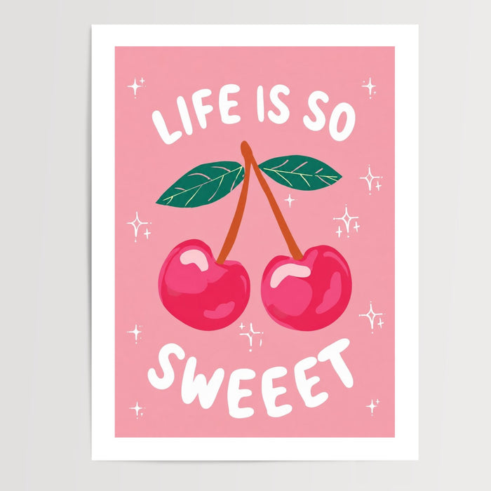 Poster Life is so sweet - Cerises rose bonbon et étoiles pétillantes — Vierge - poster-presentation-produit — passe-partout blanc