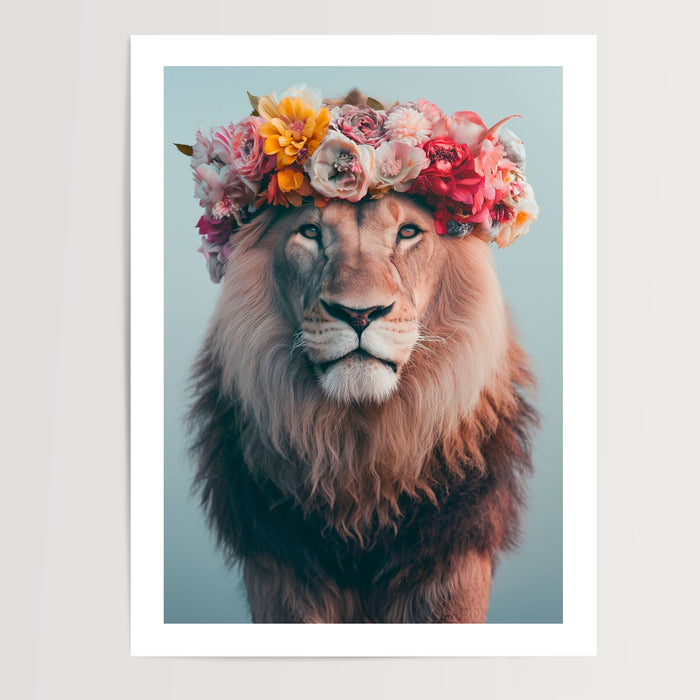 Poster Lion couronné de fleurs - Force paisible et douceur bucolique — Vierge - poster-presentation-produit — passe-partout blanc