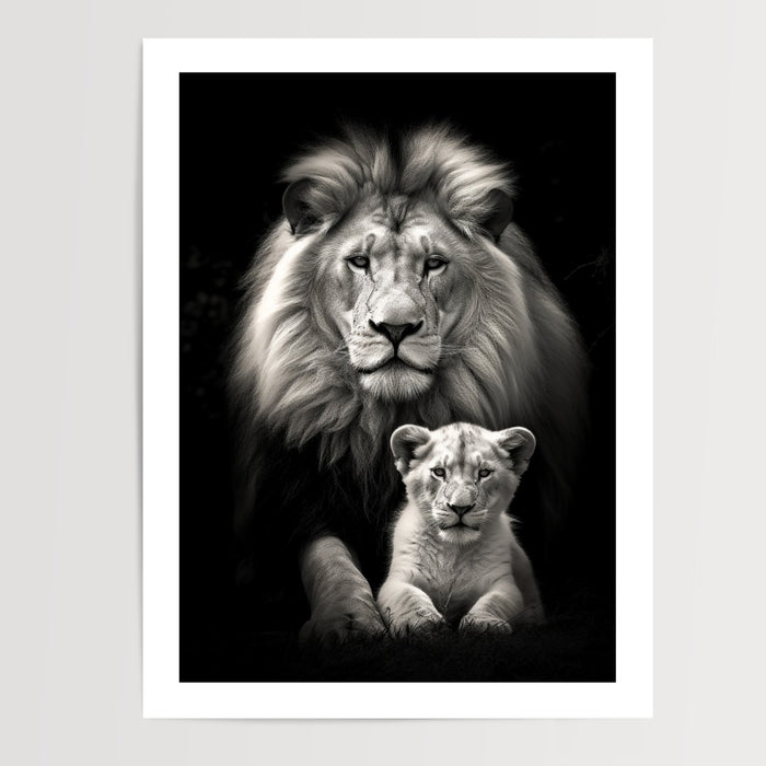 Poster Lion et lionceau - Tendresse sauvage en noir et blanc — Vierge - poster-presentation-produit — passe-partout blanc