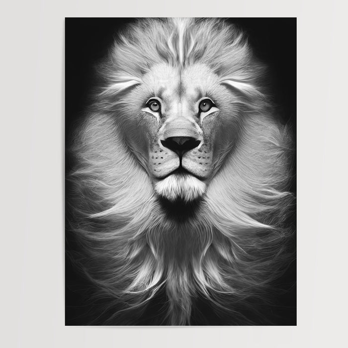 Poster Lion noir et blanc - Le regard puissant du roi des animaux — Vierge - poster-presentation-produit