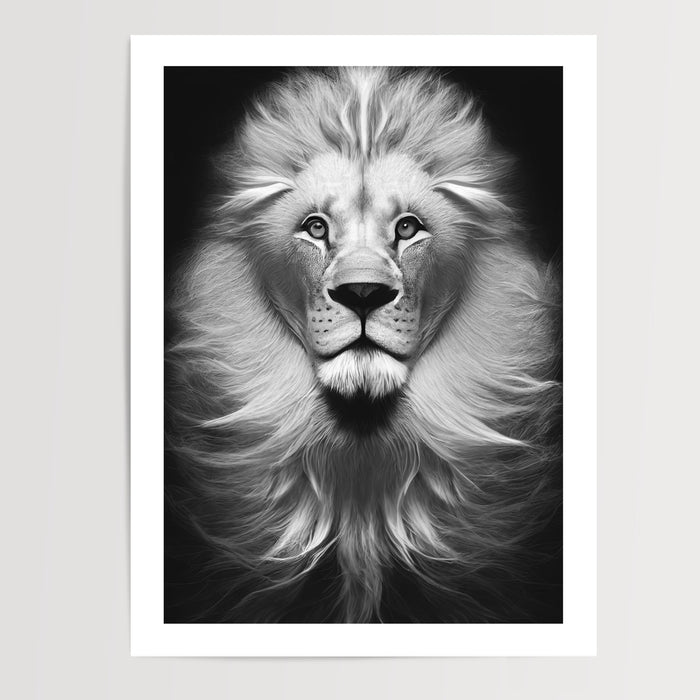 Poster Lion noir et blanc - Le regard puissant du roi des animaux — Vierge - poster-presentation-produit — passe-partout blanc