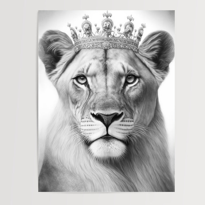 Poster Lionne couronnée - Allure royale en nuances de gris — Vierge - poster-presentation-produit