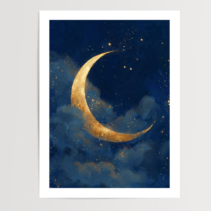 Poster Lune dorée - Douceur nocturne bleu et or pour chambre d'enfant — Vierge - poster-presentation-produit — passe-partout blanc