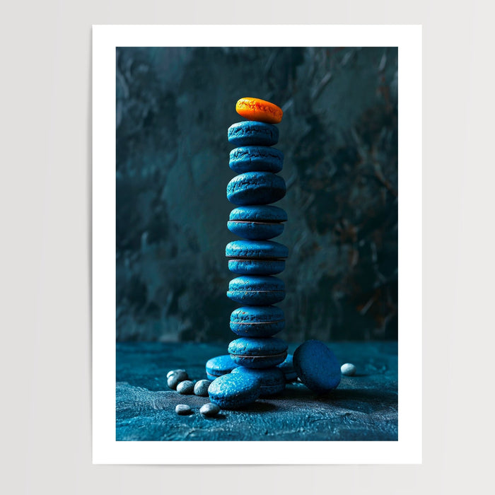 Poster Macarons bleus - L'audace d'une note orangée — Vierge - poster-presentation-produit — passe-partout blanc