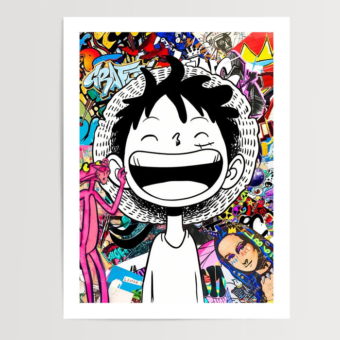 Poster Monkey D. Luffy - Sourire manga et graffitis pleins de vie — Vierge - poster-presentation-produit — passe-partout blanc