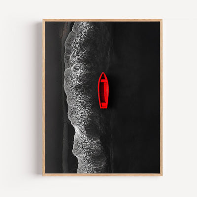 Red Boat Poster — Minimalist Ocean Wall Art on a Dark Sea