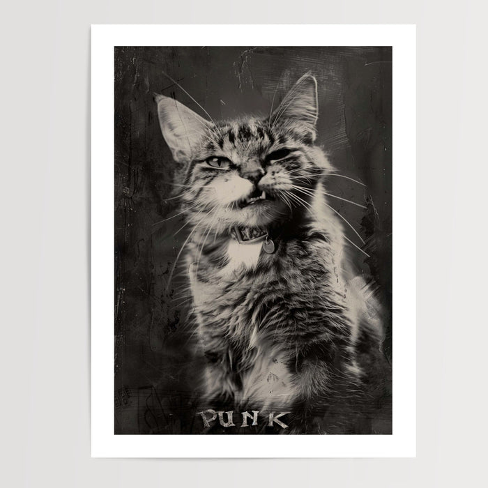 Poster mural Chat punk vintage - Un félin au regard frondeur — Vierge - poster-presentation-produit — passe-partout blanc