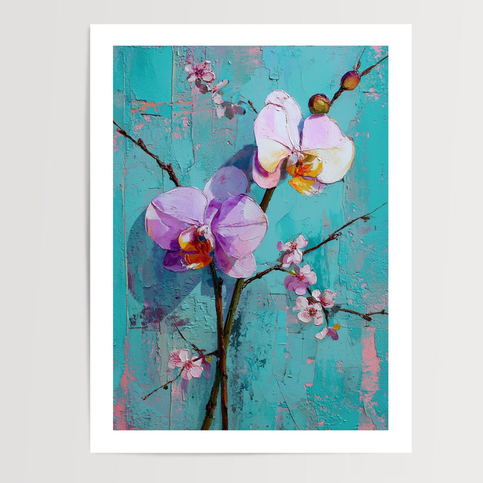 Poster mural Orchidées violettes - Élégance fleurie sur fond turquoise — Vierge - poster-presentation-produit — passe-partout blanc