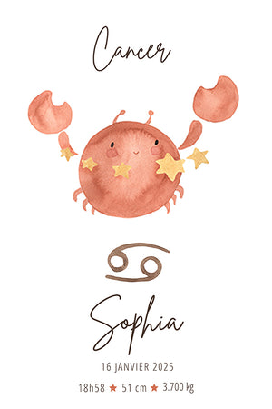 Minimalist drawing of a smiling crab surrounded by stars, symbol of the Cancer sign, accompanied by a name and birth date.