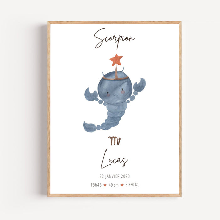 Poster personnalisé naissance scorpion bleu-gris prénom Lucas décoration chambre bébé