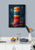 White kitchen cabinets, marble countertop, light blue wall, decorative food poster on display