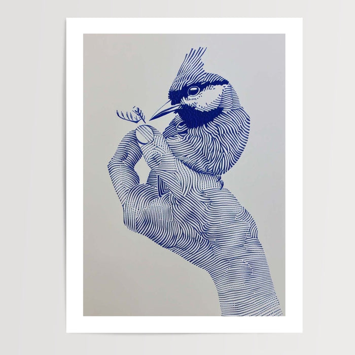 Poster Oiseau et Main - Douceur bleue et lien avec la nature — Vierge - poster-presentation-produit — passe-partout blanc