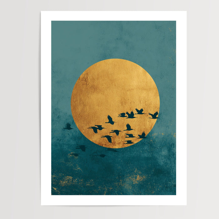 Poster Oiseaux zen - Envol serein sur un soleil doré et un ciel turquoise — Vierge - poster-presentation-produit — passe-partout blanc