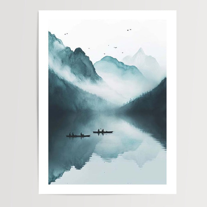 Poster Pêcheurs thaïlandais - Sérénité bleue sur un lac paisible — Vierge - poster-presentation-produit — passe-partout blanc