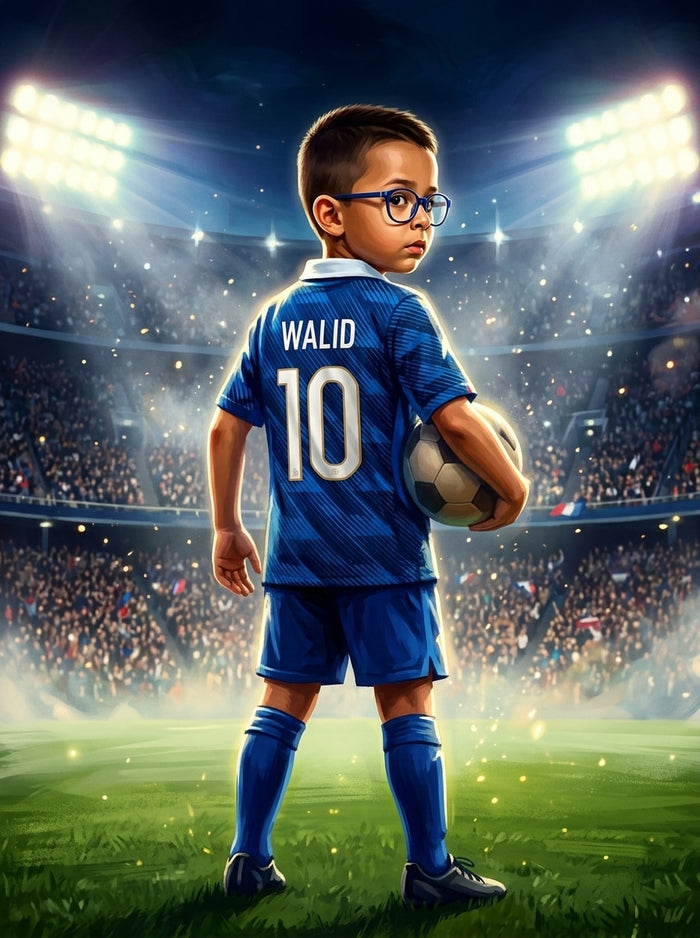 Personalized soccer poster: child in a French blue jersey, name and number printed on the back, in a floodlit stadium