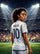 Personalized soccer poster: young woman in a Madrid white jersey, name and number printed, stadium atmosphere