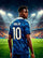 Poster personnalisé foot : homme en maillot bleu des Bleus, prénom et numéro dorés floqués, posture de joueur pro