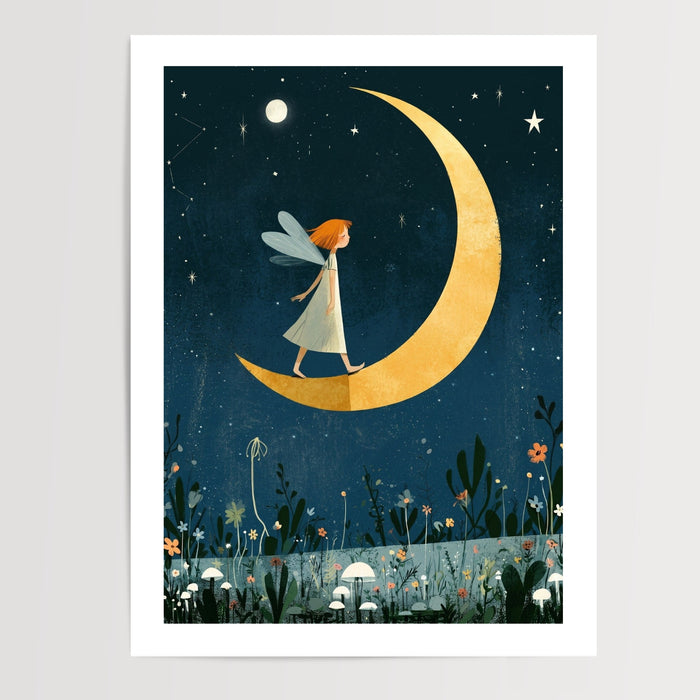 Poster Petite fée sur la lune - Douceur nocturne et rêves étoilés — Vierge - poster-presentation-produit — passe-partout blanc