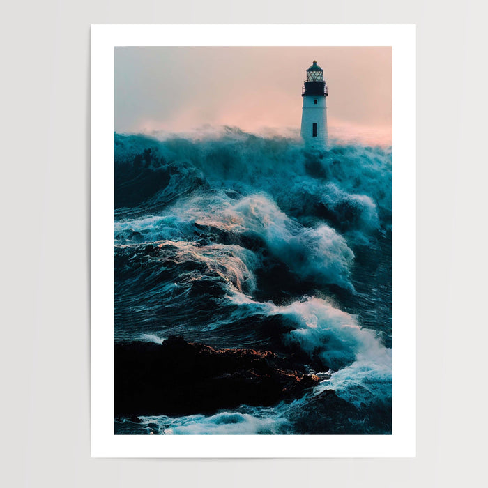 Poster Phare dans la tempête - Sentinelle face aux vagues déchaînées — Vierge - poster-presentation-produit — passe-partout blanc