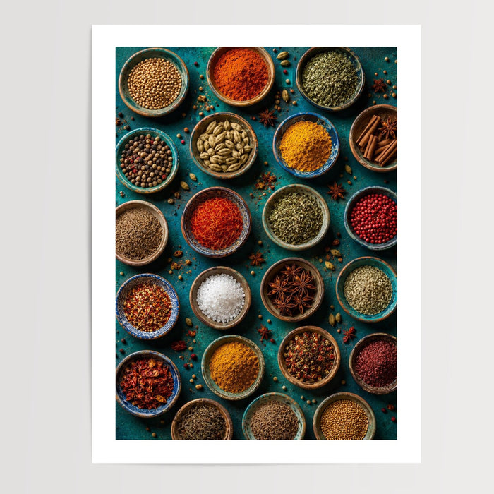 Poster Épices marocaines - Couleurs et parfums d'une cuisine ensoleillée — Vierge - poster-presentation-produit — passe-partout blanc
