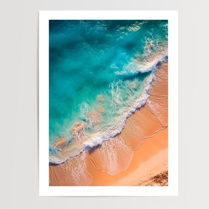 Poster Plage paradisiaque - Sable blanc et eaux turquoise vues du ciel — Vierge - poster-presentation-produit — passe-partout blanc