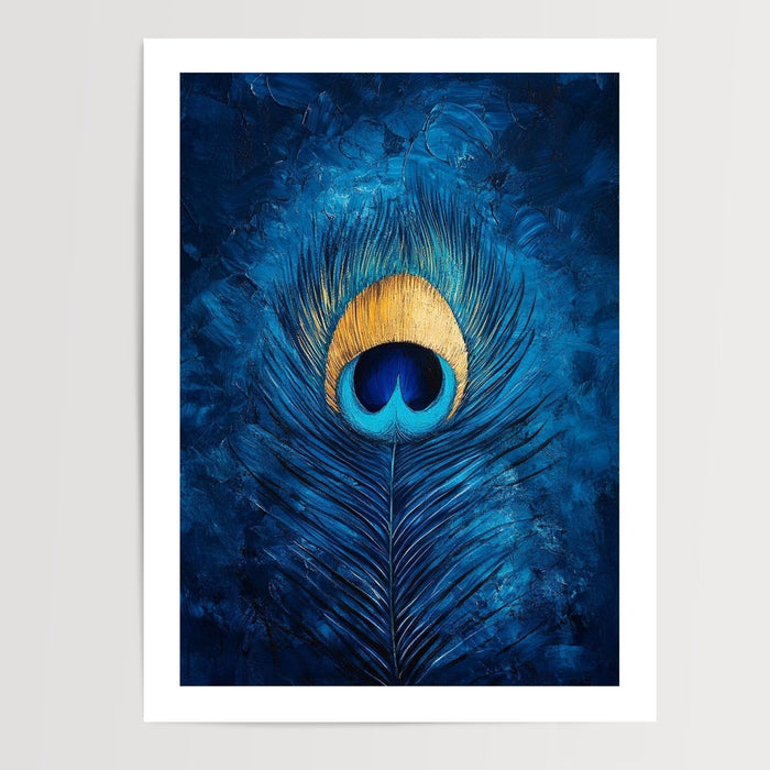 Poster Plume de paon - Reflets de bleu profond et d'or — Vierge - poster-presentation-produit — passe-partout blanc