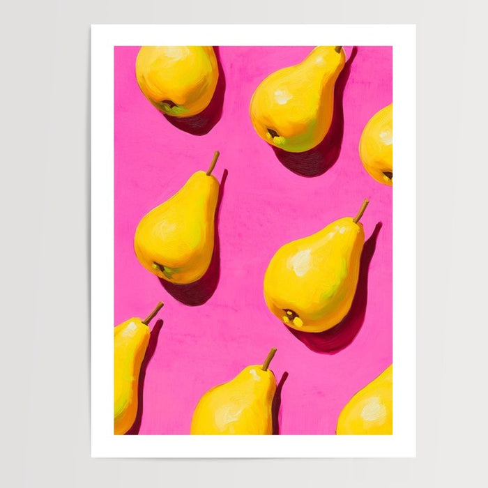 Poster Poires pop - Éclat de jaune et de rose en cuisine — Vierge - poster-presentation-produit — passe-partout blanc