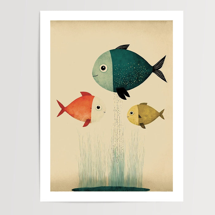 Poster Poissons joyeux - Trois amis colorés des mers enchantées — Vierge - poster-presentation-produit — passe-partout blanc