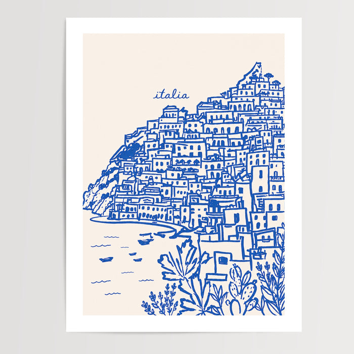Poster Positano - Côte amalfitaine et village méditerranéen dessiné — Vierge - poster-presentation-produit — passe-partout blanc