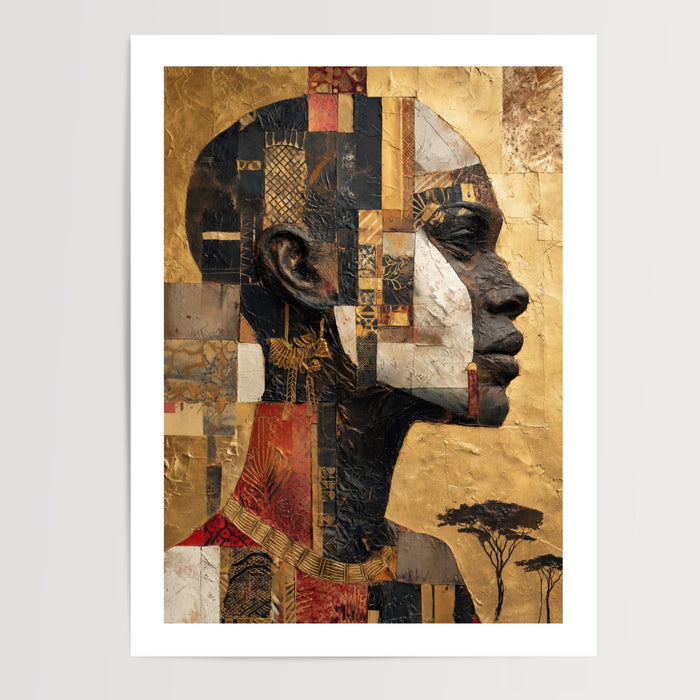 Poster Profil de reine africaine - Or ancestral et motifs wax — Vierge - poster-presentation-produit — passe-partout blanc