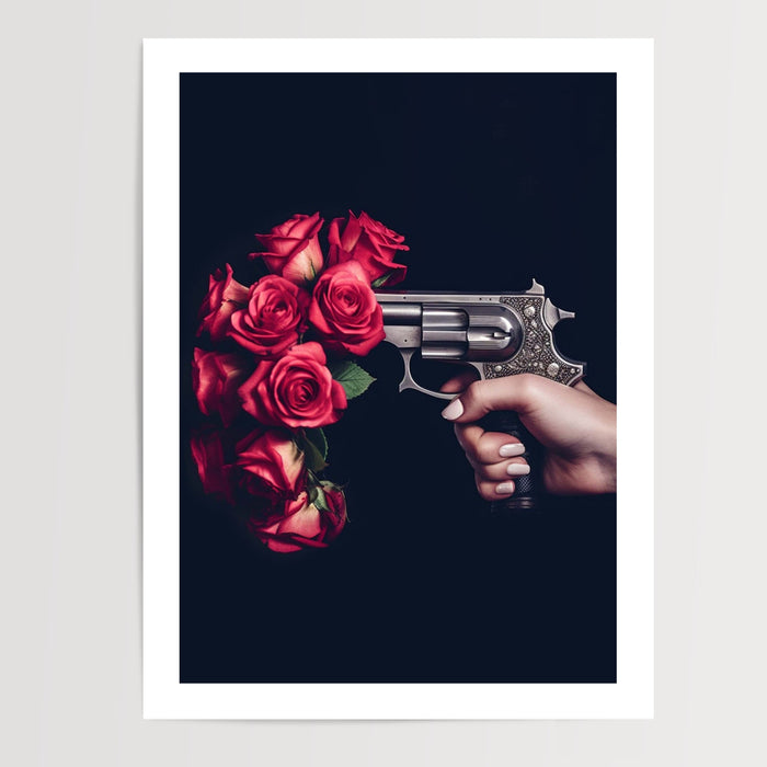 Poster Revolver aux roses - Élégance noire et floral surprenant — Vierge - poster-presentation-produit — passe-partout blanc