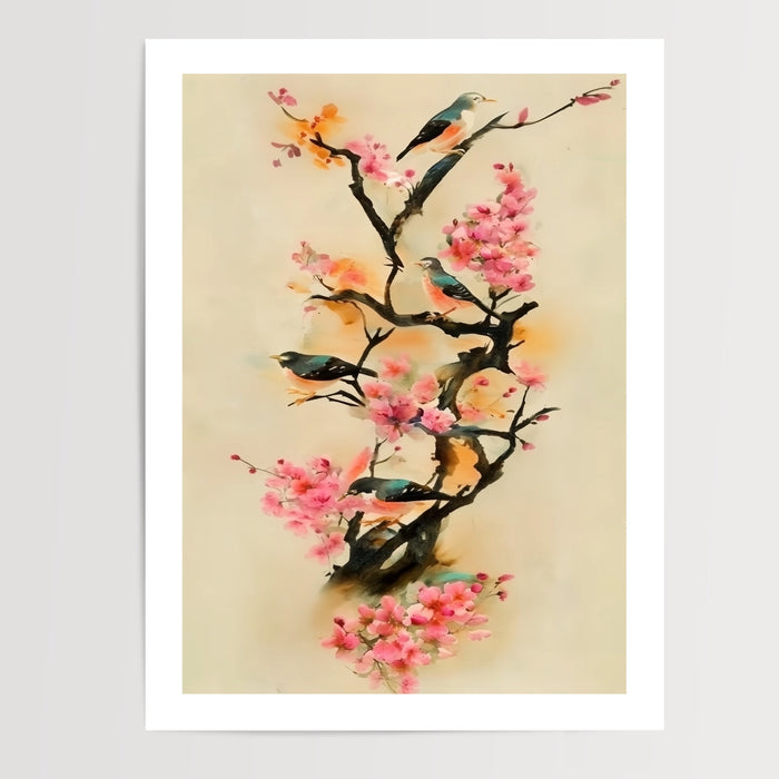 Poster Sakura et hirondelles - Aquarelle pastel pour une douceur printanière — Vierge - poster-presentation-produit — passe-partout blanc