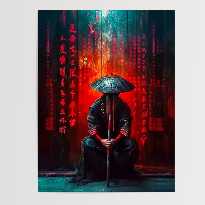Poster Samouraï - Silhouette silencieuse dans l'ombre rouge — Vierge - poster-presentation-produit
