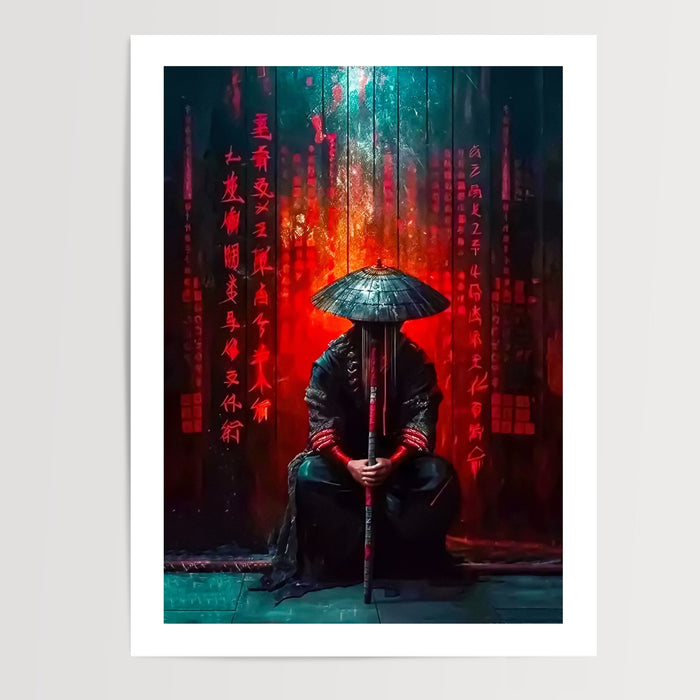 Poster Samouraï - Silhouette silencieuse dans l'ombre rouge — Vierge - poster-presentation-produit — passe-partout blanc