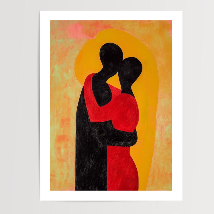 Poster Silhouette d'amoureux - Étreinte tendre en rouge et noir — Vierge - poster-presentation-produit — passe-partout blanc