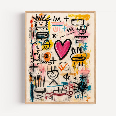 Poster street art spontané - Cœur rose et vibrations Basquiat