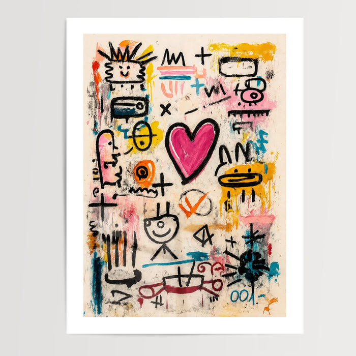 Poster street art spontané - Cœur rose et vibrations Basquiat — Vierge - poster-presentation-produit — passe-partout blanc