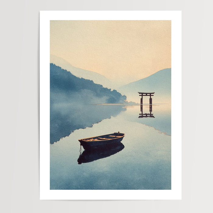 Poster Torii japonais - Barque solitaire sur un lac brumeux — Vierge - poster-presentation-produit — passe-partout blanc